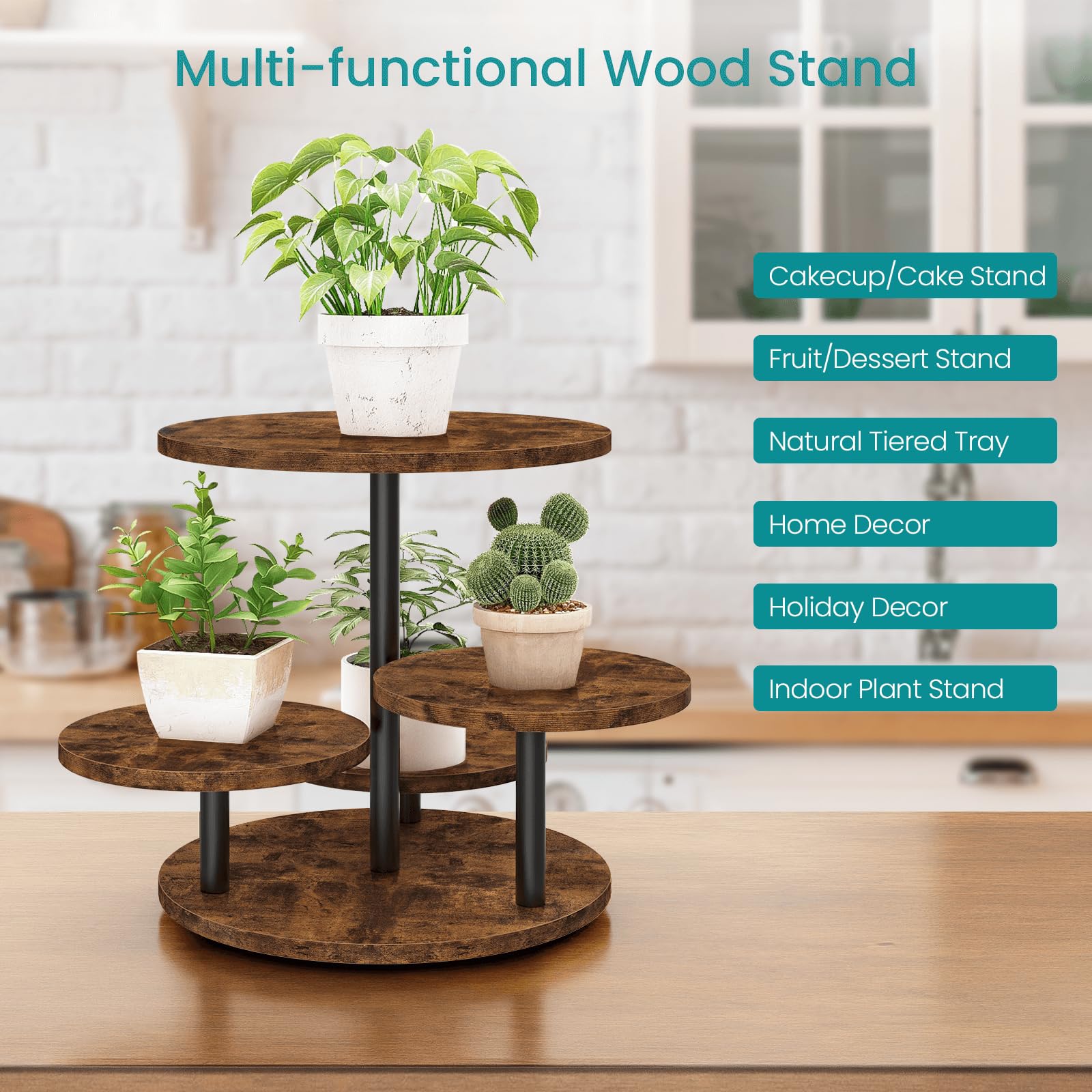 ELITEROO 4 Tier Round Cupcake Tower Stand for 50 Cupcakes, 360° Rotating Wood Cake Stand with