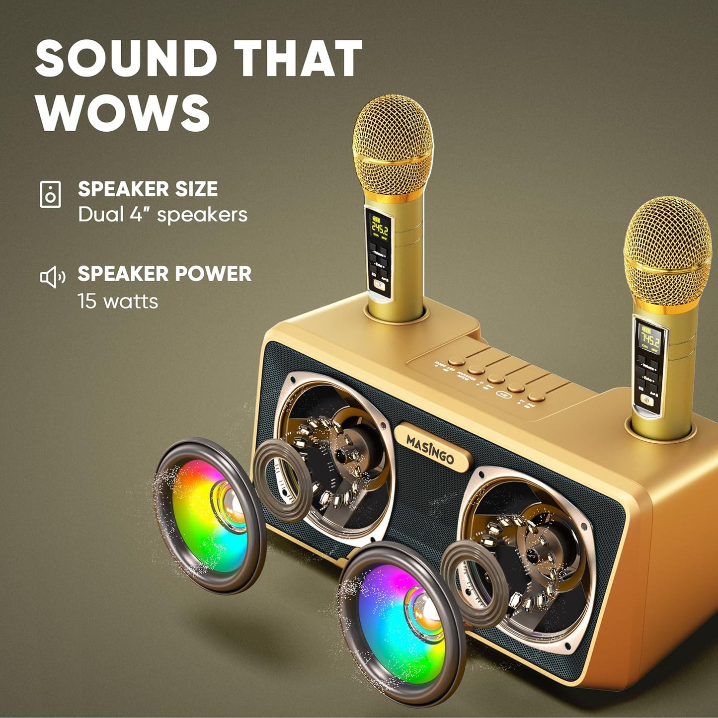 MASINGO Karaoke Machine for Adults and Kids with 2 Wireless Microphones, Portable Bluetooth Singing Speaker, Colorful LED Lights, PA System, Lyrics Display Phone Holder, and TV Cable. Presto G2 Gold