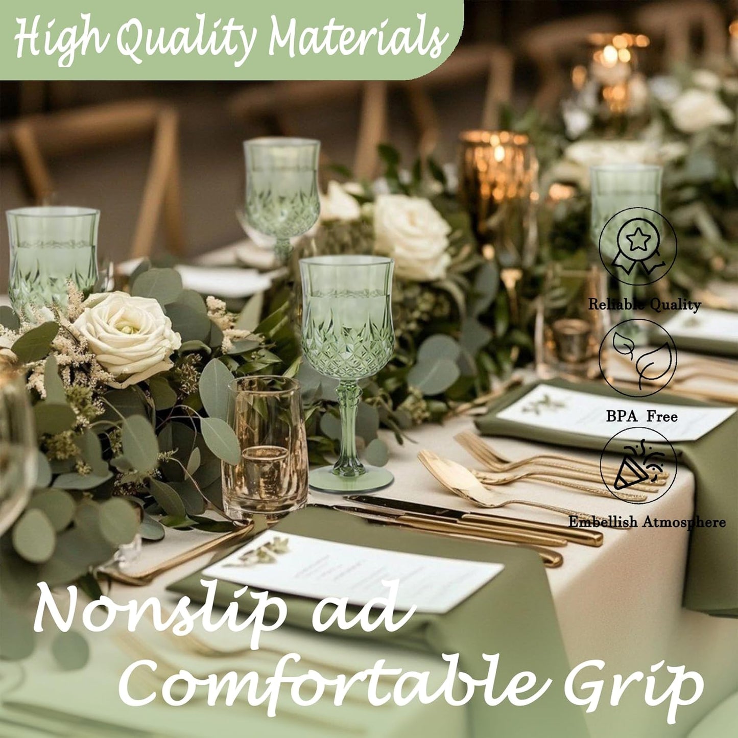 Plastic Wine Glasses，Plastic Goblets Vintage Style Cordial Drinking Glasses for Wedding Reception, Grand Event Party Supplies (12, New Green)