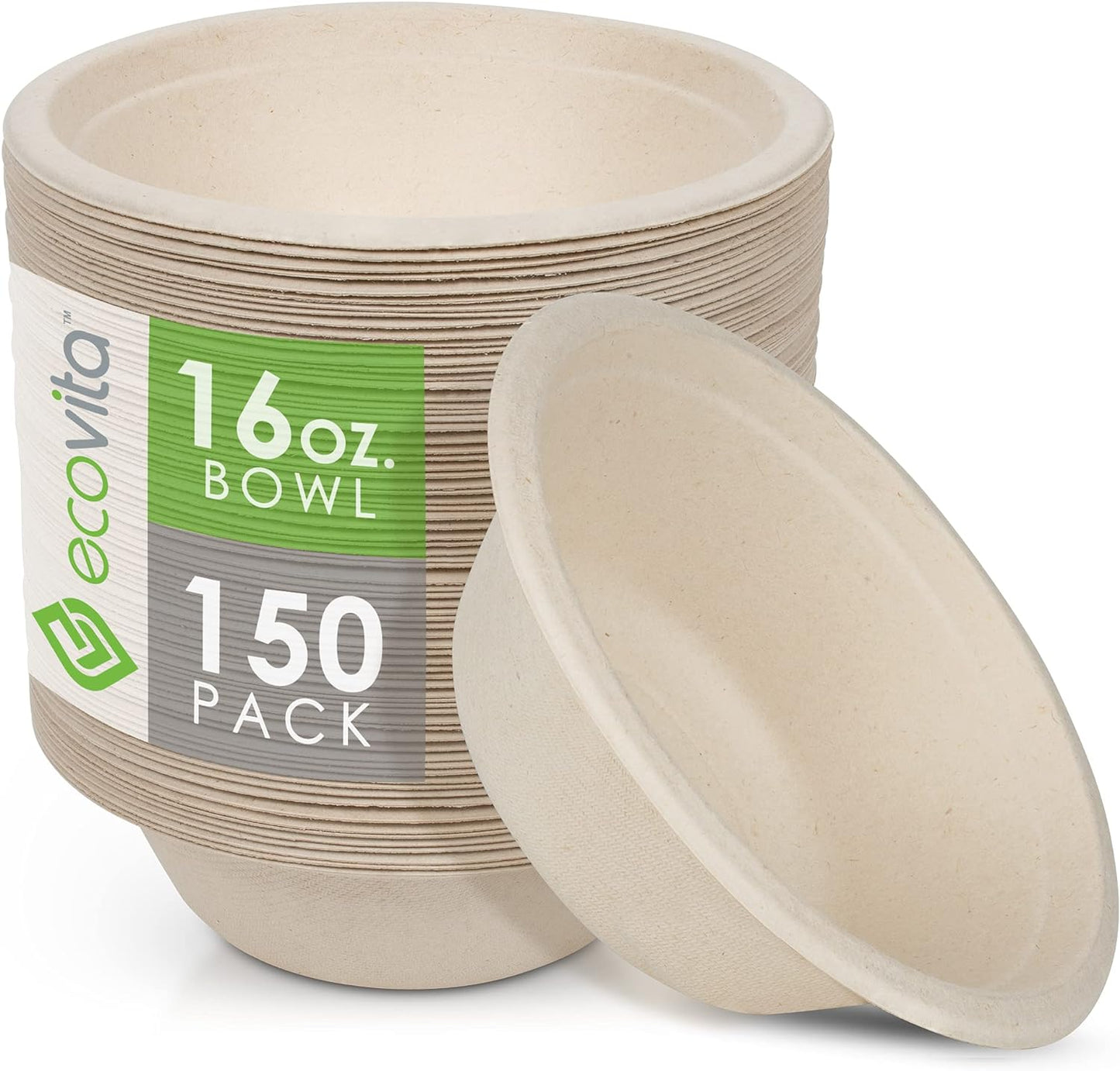 100% Compostable Paper Bowls [16 oz.] – 150 Disposable Bowls Eco Friendly Sturdy Tree Free Liquid and Heat Resistant Alternative to Plastic or Paper Bowls