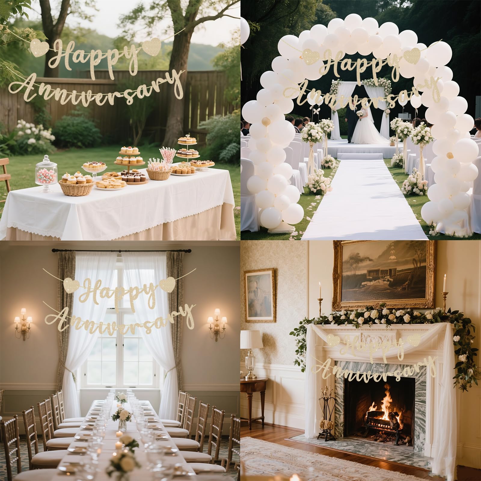 SerpizePaty Happy Anniversary Banner, Pre-Strung Gold Glitter Wedding Anniversary Decorations