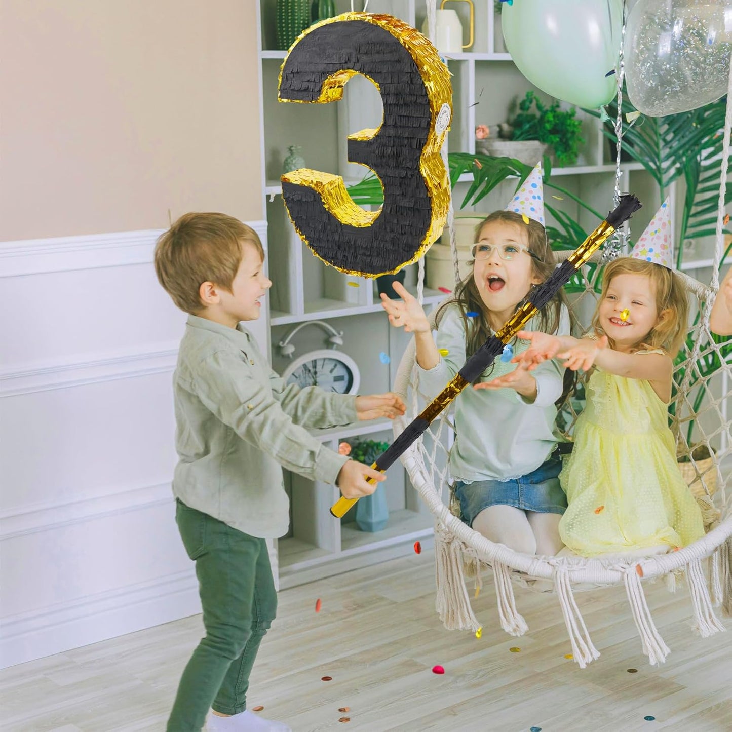 PCFING 20 Inch Number 3 Piñata Gold Black with 30 Inch Piñata Stick Blindfold Confetti for Man Women Boys Girls Birthday Party Decorations, Anniversary Celebration, Fiesta