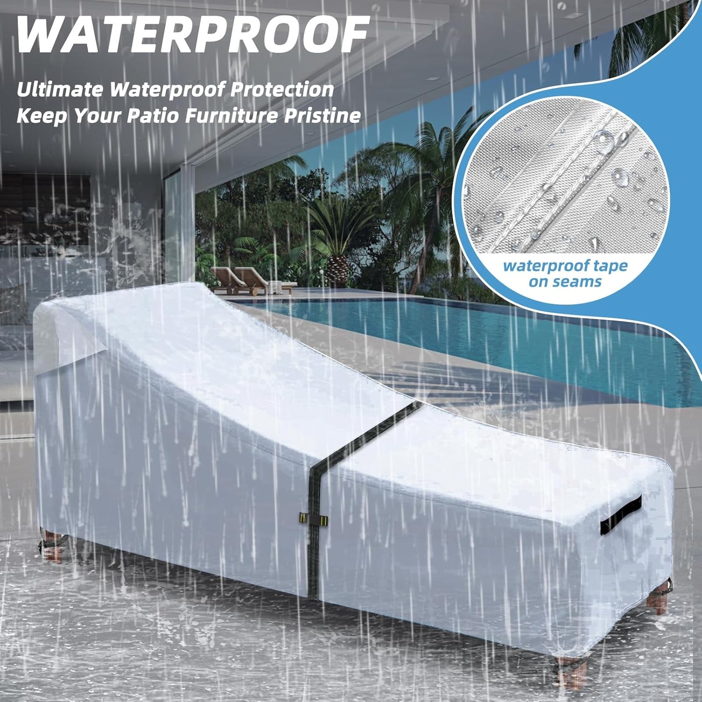 Patio Chaise Lounge Cover with Handles, Outdoor Lounge Chair Cover Waterproof UV Resistant, Patio Furniture Covers with Air Vent (76L x 32W x 32H) inch