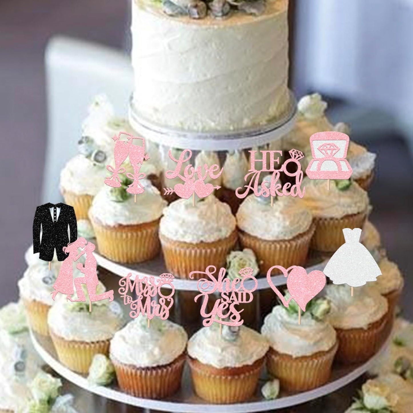 30 Pack Bride to be Cupcake Toppers Glitter Diamond Ring Love I Do Cupcake Picks Miss to Mrs He Asked She Said Yes Bridal Shower Wedding Engagement Bachelorette Cake Decorations Party Pink