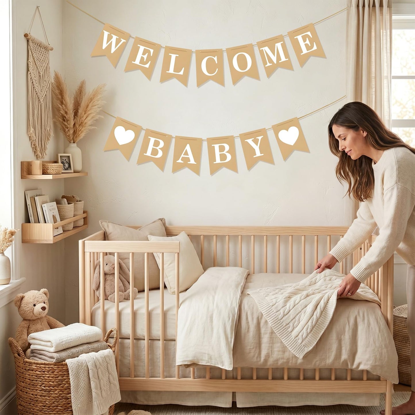 Welcome Baby Banner – Rustic Baby Shower Decorations, Gender Neutral Baby Shower Decor, Pre-Strung
