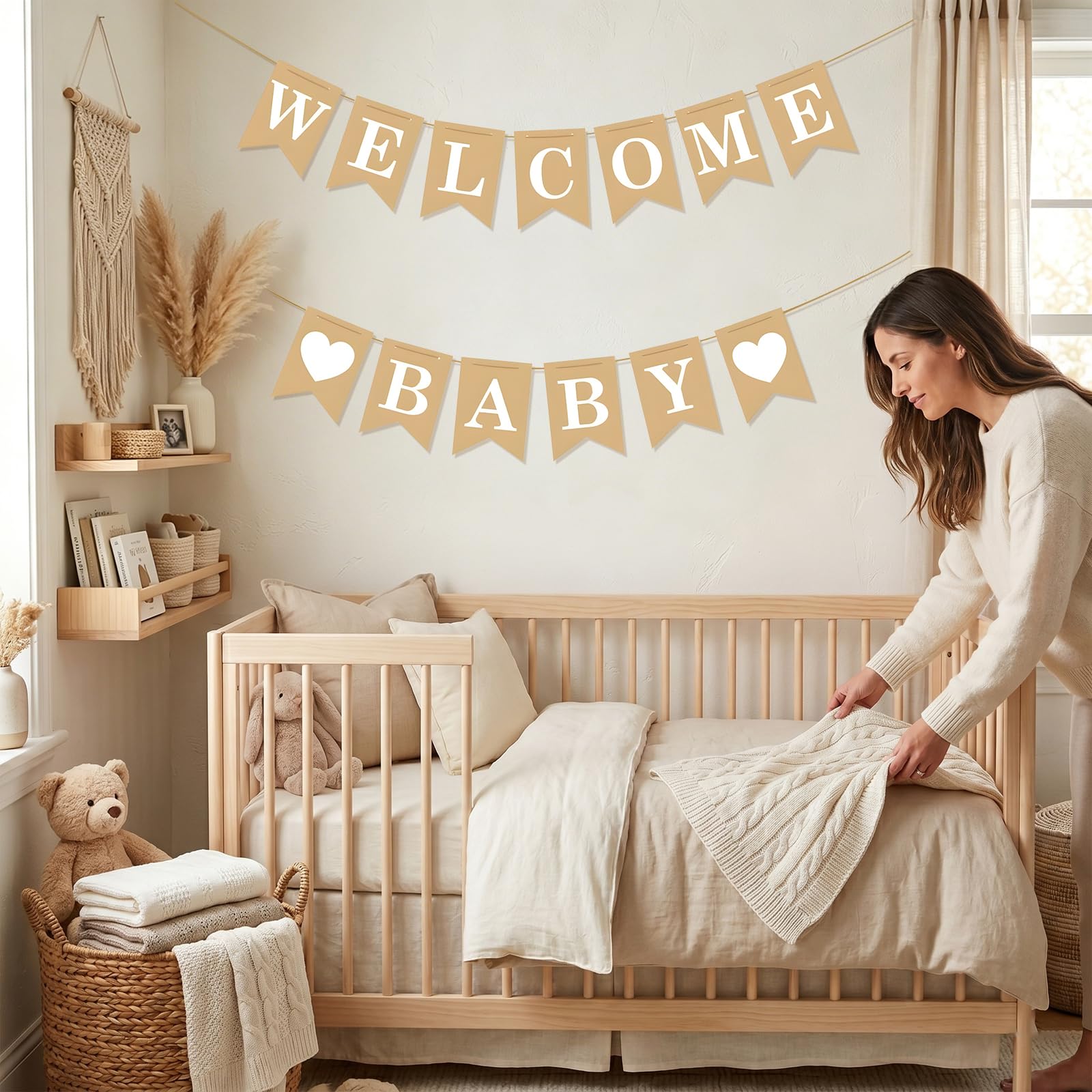 Welcome Baby Banner – Rustic Baby Shower Decorations, Gender Neutral Baby Shower Decor, Pre-Strung