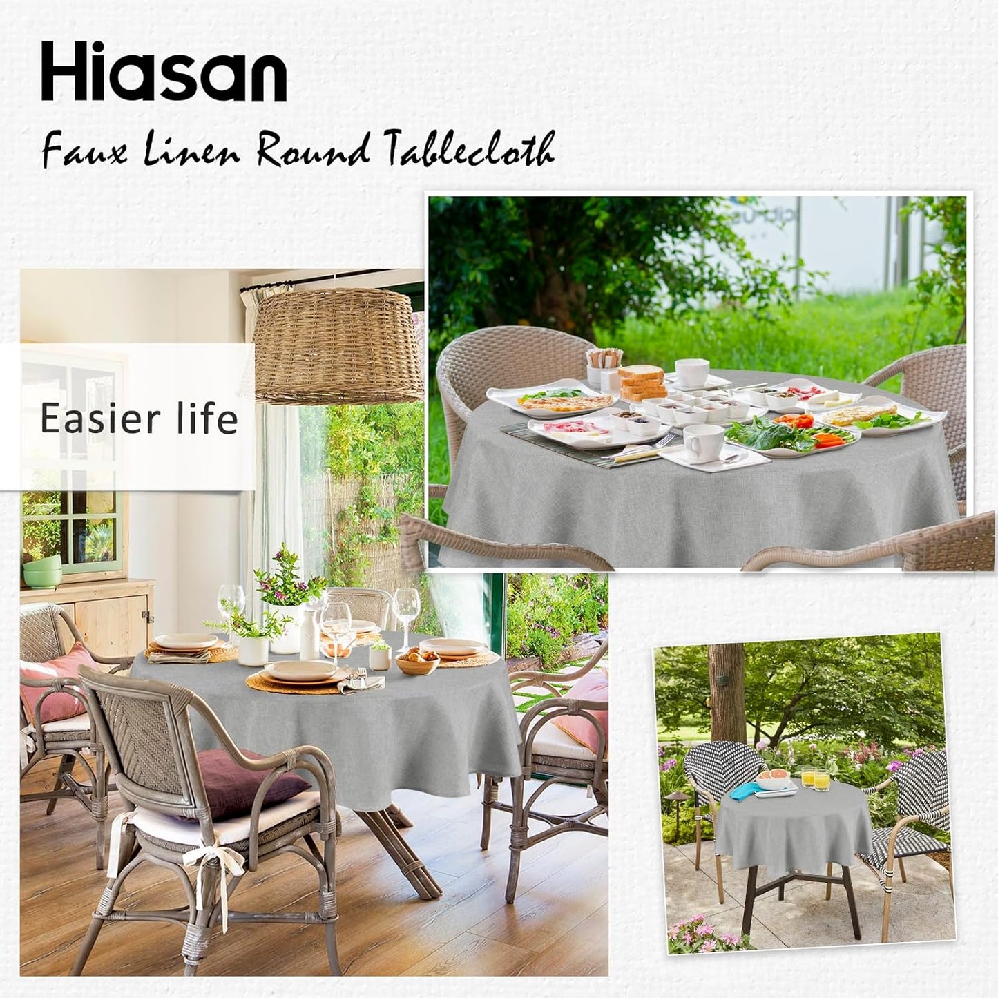 Hiasan Round Linen Tablecloth 108 Inch - Wrinkle and Stain Resistant Washable Polyester Fabric Table Cloth for Dining Room Kitchen Party, Light Grey