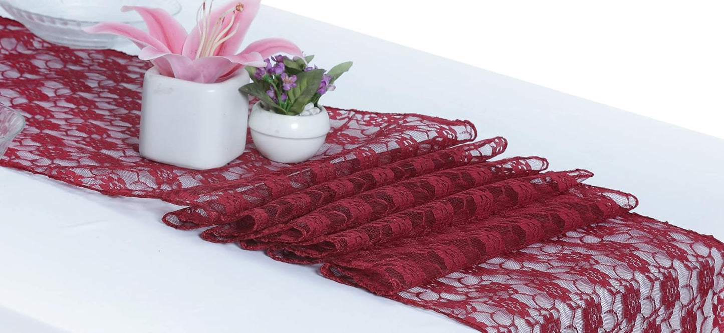 MDS Pack of 20 Wedding 12 x 108 inches Lace Table Runner for Wedding, Decorations for Birthday Parties, Banquets, Graduations, Engagements, and Runners fit Rectangle, Round Table- Maroon