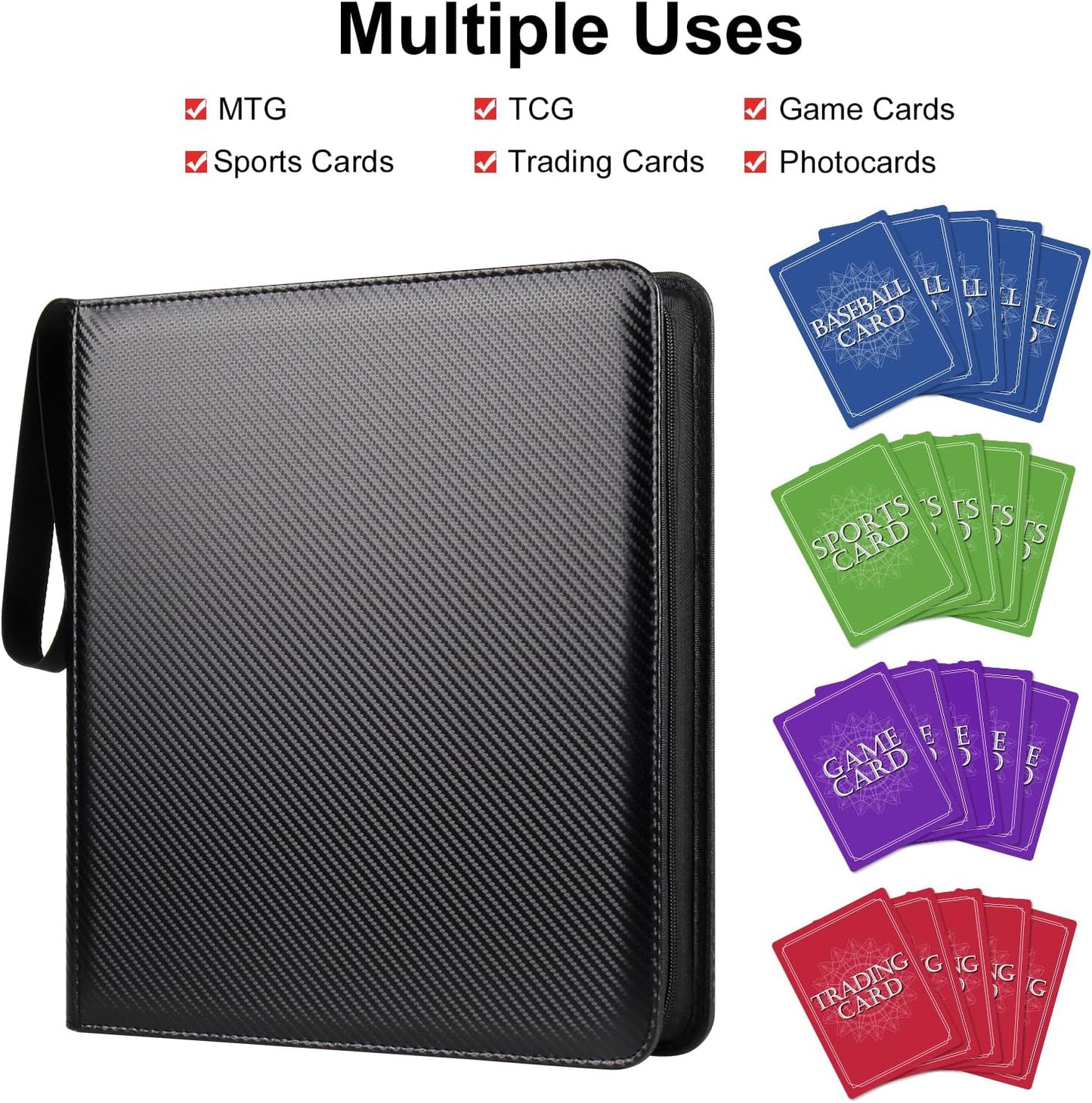 GEAoffice Trading Card Binder 12 Pocket Hold 720 Cards, Premium PU Cover Zipper Collection Binder, Ringless Side Loading Card Album Folder for YuGiOh, MTG, TCG, Game & Sports, Non-PVC, Carbon Black