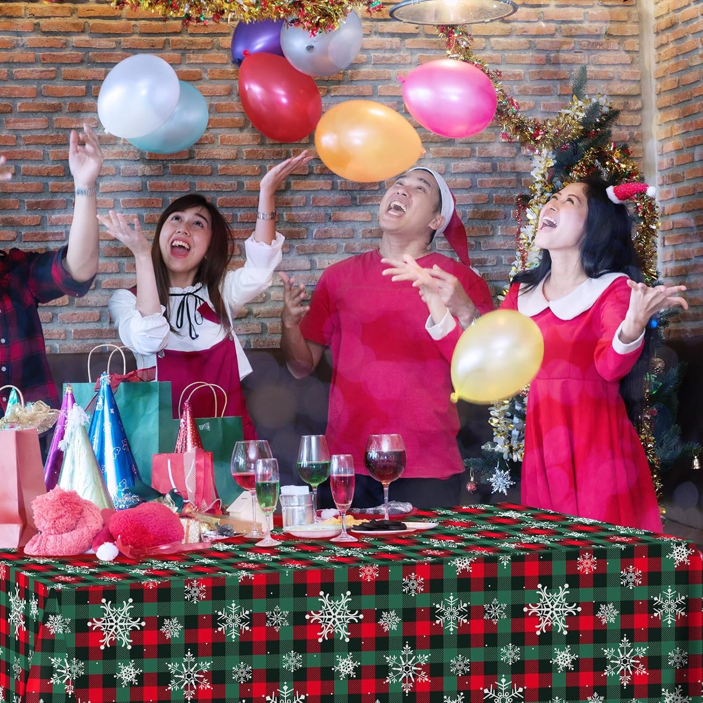 4.5x 100 Ft Roll of Christmas Buffalo Plaid Plastic Tablecloth Decorations,Disposable Red Green Snowflake Table Cover Photography Backdrop with Cutter Box for Christmas Holiday New Year Party Supplies