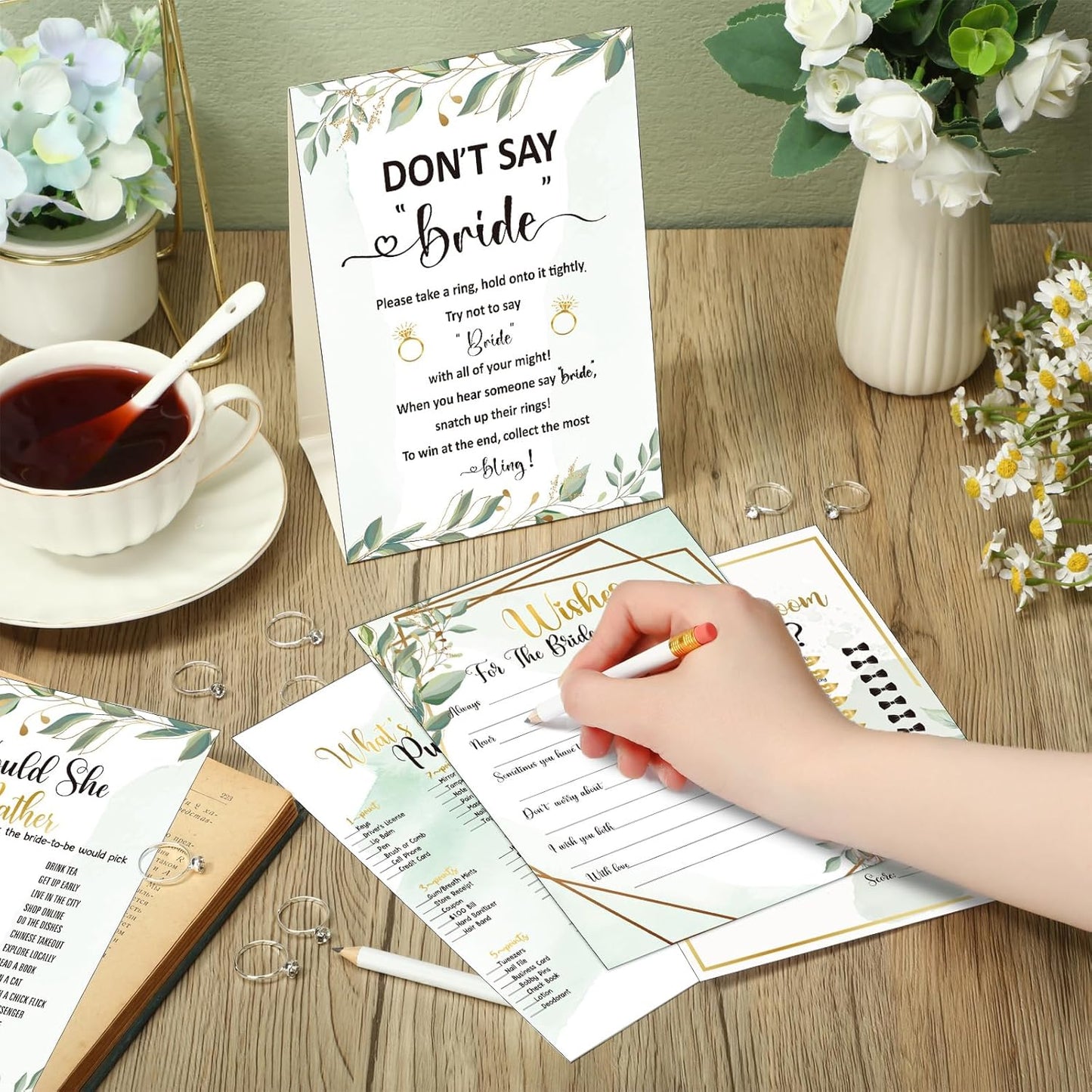 Estune 331 Pcs Bridal Shower Games Supplies, 5 Sets 250 Pcs Wedding Cards 1 Put a Ring on It Bridal Shower Games with 60 Rings and 20 Pencils(Green Leaves)