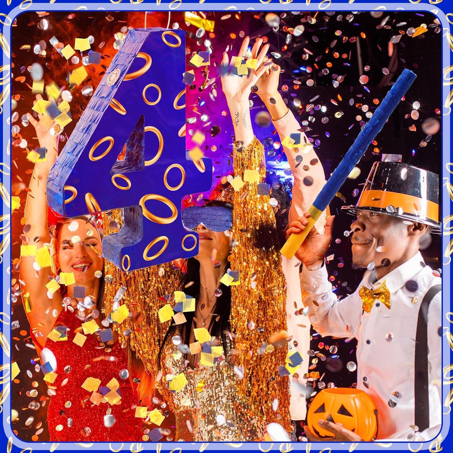 Number 4 Blue and Golden Rings Piñata for Kids Birthday Cartoon Theme Small Piñata with Blindfold Stick Confetti for Fiesta Cinco De Mayo Party Decor, 15.8 x 11 x 2.8 Inch