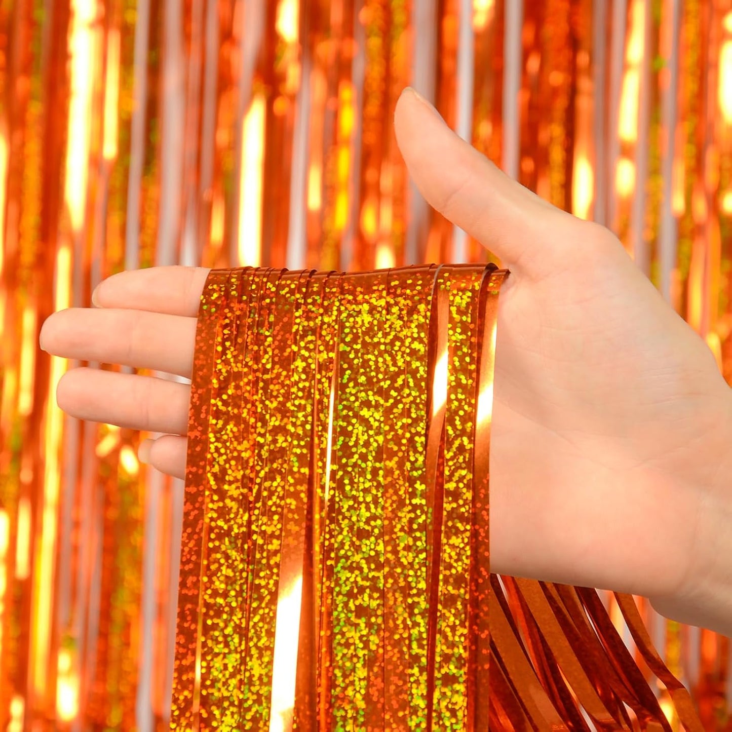 Reusable Foil fringe Curtains Halloween Decor Indoor Party Decorations - Melsan 3 Pack 3.2 x 8.2 ft Tinsel Curtain Party Photo Backdrop for Birthday Party Baby Shower or Graduation Decorations (Orange)