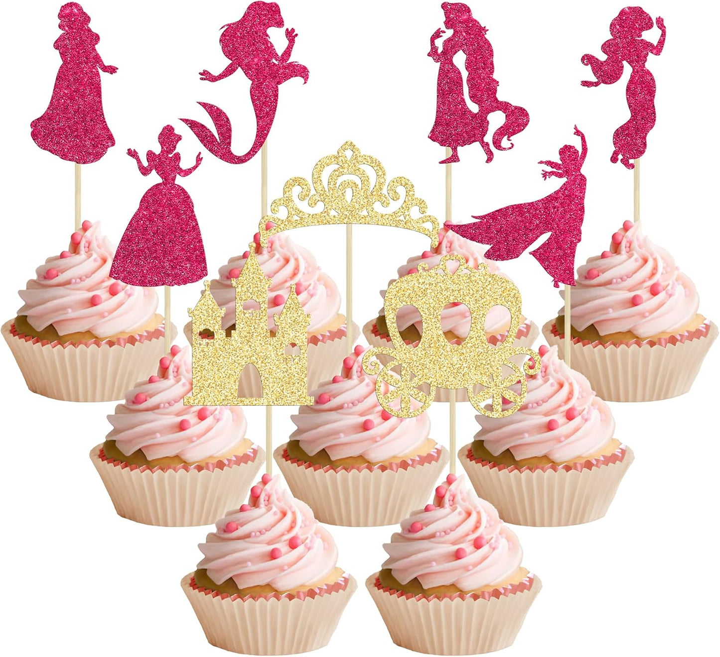 Gyufise 36Pcs Princess Cupcake Toppers Glitter Mermaid Girl Castle High Heel Crown Cupcake Picks Princess Theme Baby Shower Girls Birthday Party Cake Decorations Rose Red