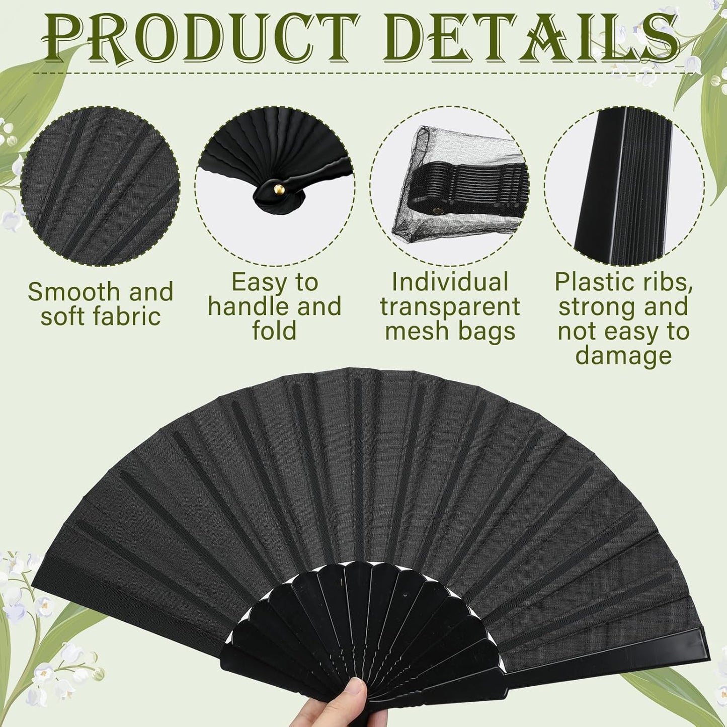 Wenqik 80 Pcs Wedding Folding Hand Fans Bulk Silk Fabric Chinese Handheld Foldable Clack Fans with Plastic Ribs for Party, Wedding Gifts, Line Dancing, Home Decorative (Black)