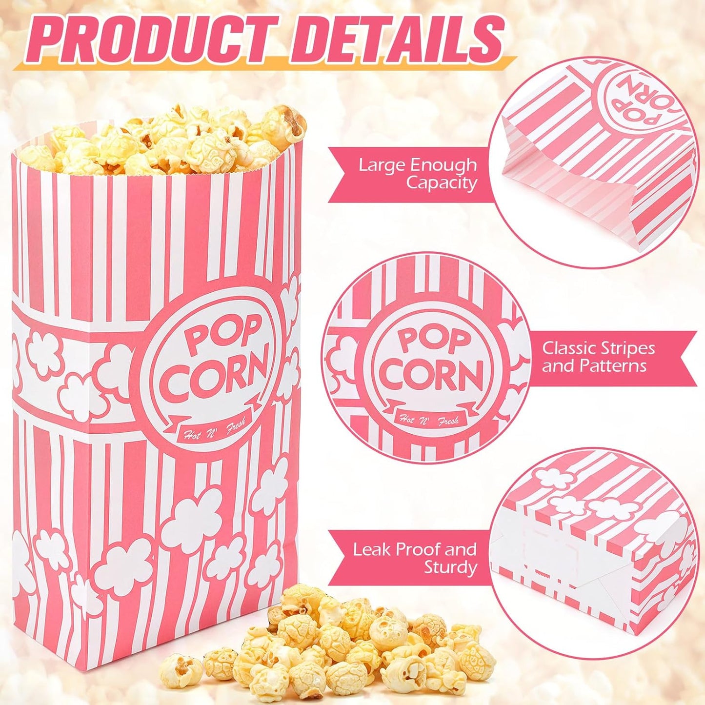 200 Pcs Paper Popcorn Bags Bulk 2 oz Large Flat Bottom Boxes Red and White Disposable Container Sleeve Movie Night Popcorn Bucket for Retro Movie Themed Party Carnival Supplies (Pink and White)