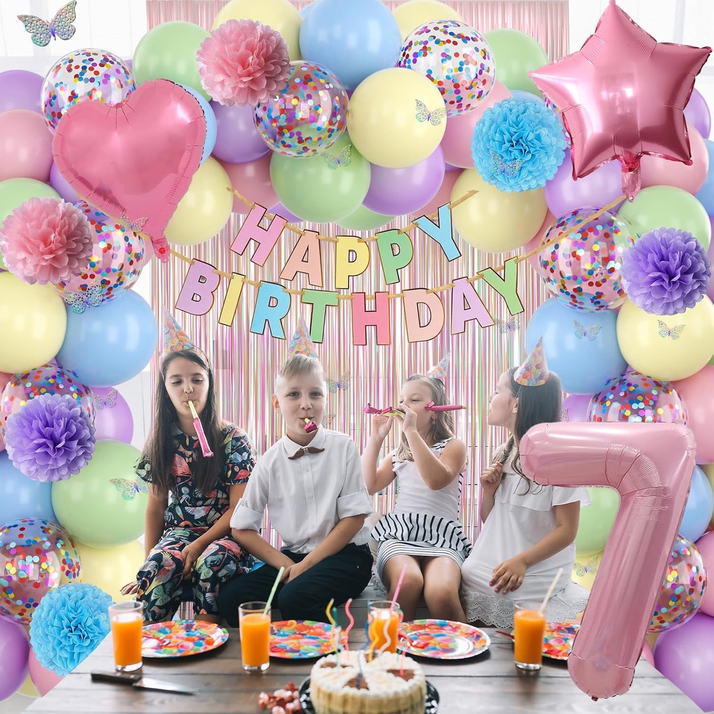 Pastel 7th Birthday Party Decorations for Girls Number 7 Balloon Happy Birthday Banner Butterfly Stickers Fringe Curtain Paper Pom Poms Macaron Pink Star Heart Foil Colorful Balloons 7 Year Old Decor