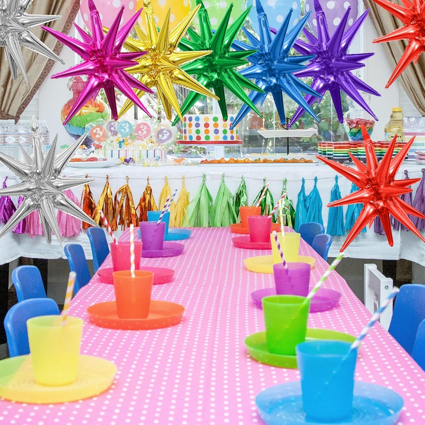 Colorful Star Balloons,9Pcs 22Inch Rainbow Explosion Spike Cone Helium Polyester Film Star Foil Balloons for Birthday Anniversary Baby Shower New Year Christmas Disco Party Decorations