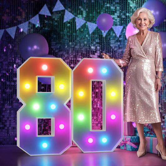 Marquee Numbers 80th-Birthday Decoration: Colorful 3FT Large Light Up 80 Year Old Birthday Decorations Anniversary Backdrop for Boys Girls Cardboard Sign 18 Colors Number 80 Mosaic Balloon Frame