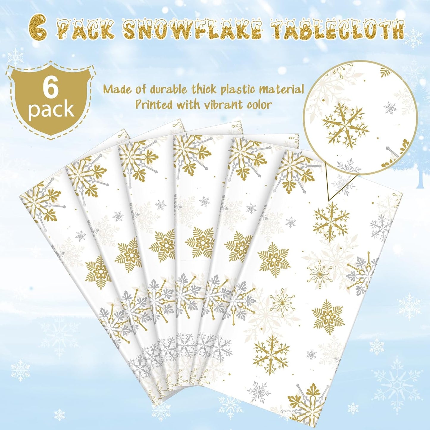 6Pcs Christmas Snowflake Party Tablecloths Decorations,Plastic White and Gold Table Cloth,Winter Rectangle Table Cover for Christmas New Year Birthday Baby Shower Holiday Party Decorations,54x108 inch