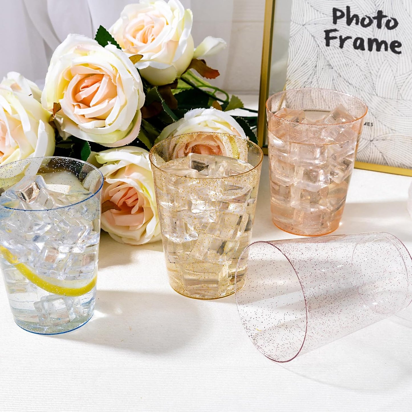 DaYammi 100 Pack 10 Oz Plastic Cups Glitter Disposable Cups in Assorted Colors,Plastic cup with 4 Colors, Disposable Wine Glasses Heavy Duty disposable Tumblers Drinking Cocktail Glasses for Party