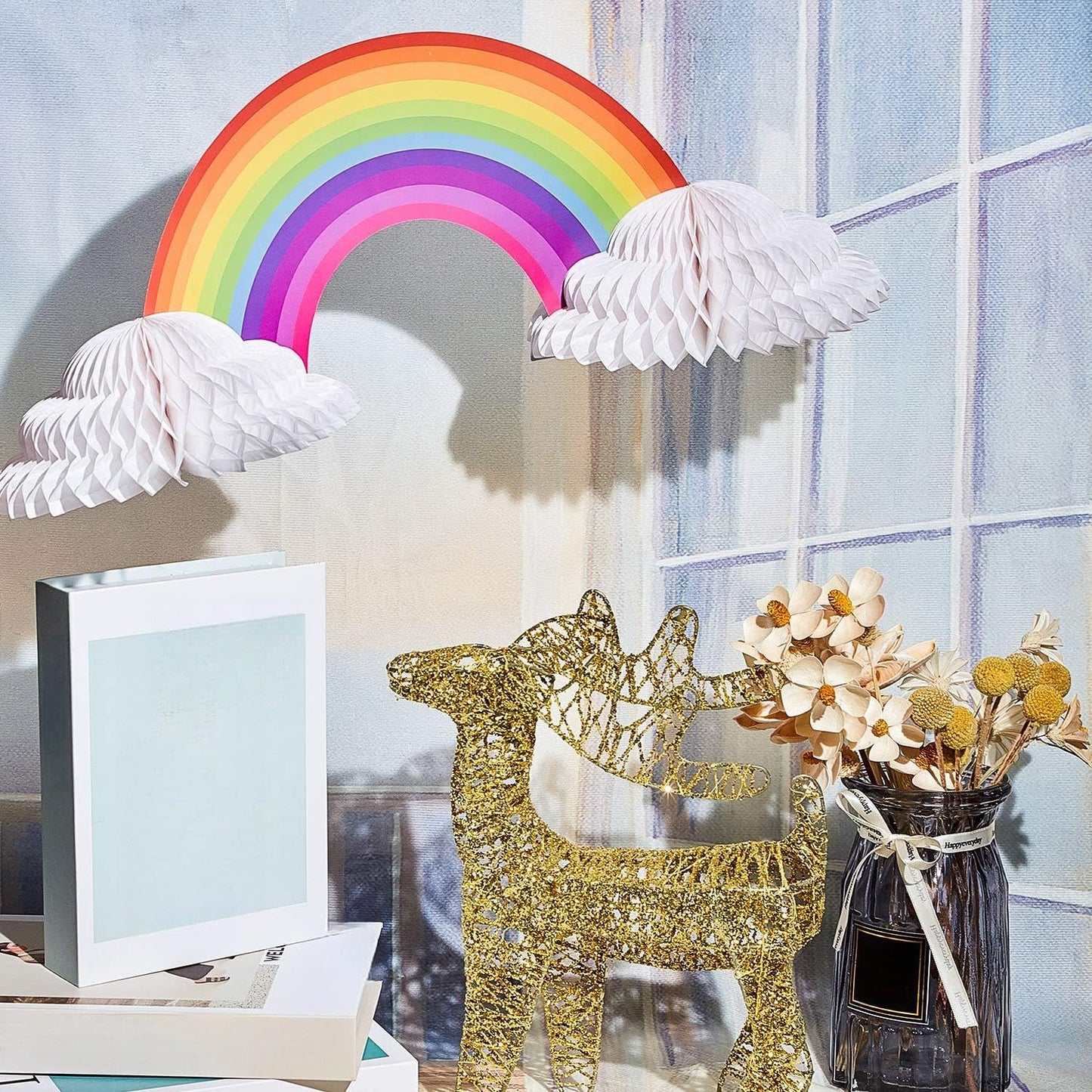 WILLBOND 2 Pieces Rainbow Table Decorations Centerpiece with Clouds