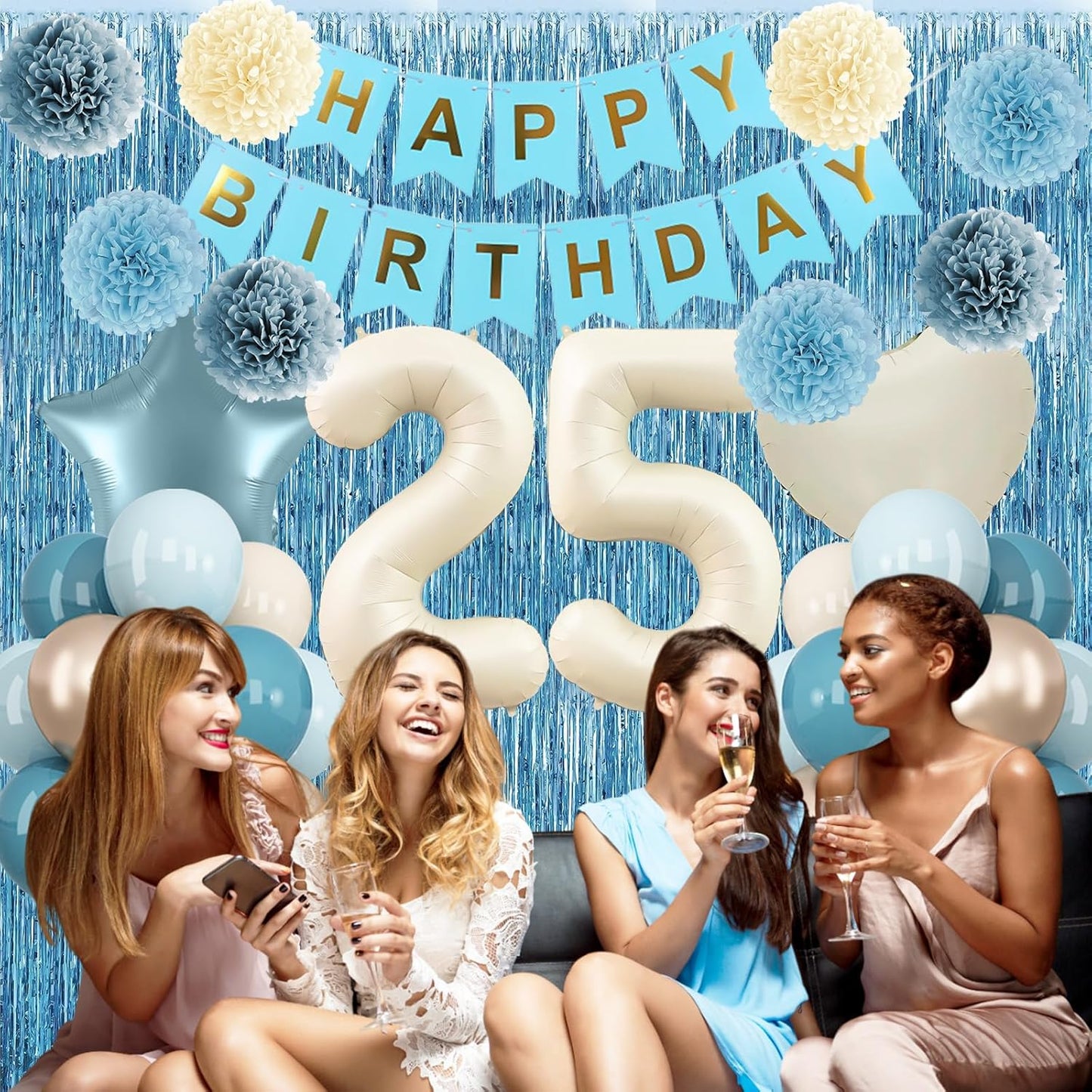 Dusty Blue 25th Birthday Party Decorations for Her Him Beige Cream Number 25 Balloon with Blue Gold Happy Birthday Banner Fringe Curtain Paper Pom Poms Nude White Sand Champagne Star Foil Balloons