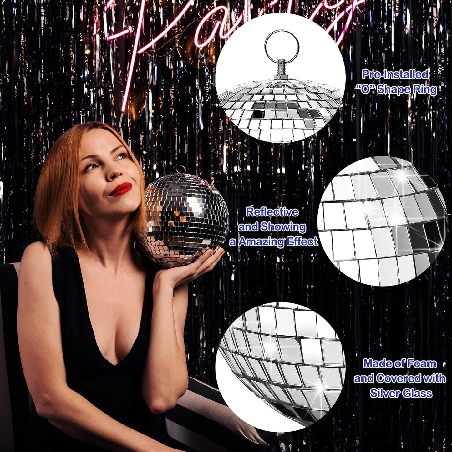 Funtery 100 Pcs Mirror Disco Balls Bulk Assorted Silver Hanging Disco Ball Decor for Home Wedding Birthday Dance Music 70 S Theme Party Christmas Tree Ornaments(0.8'',1.6'',2.4'',3.2'',4'',8'')