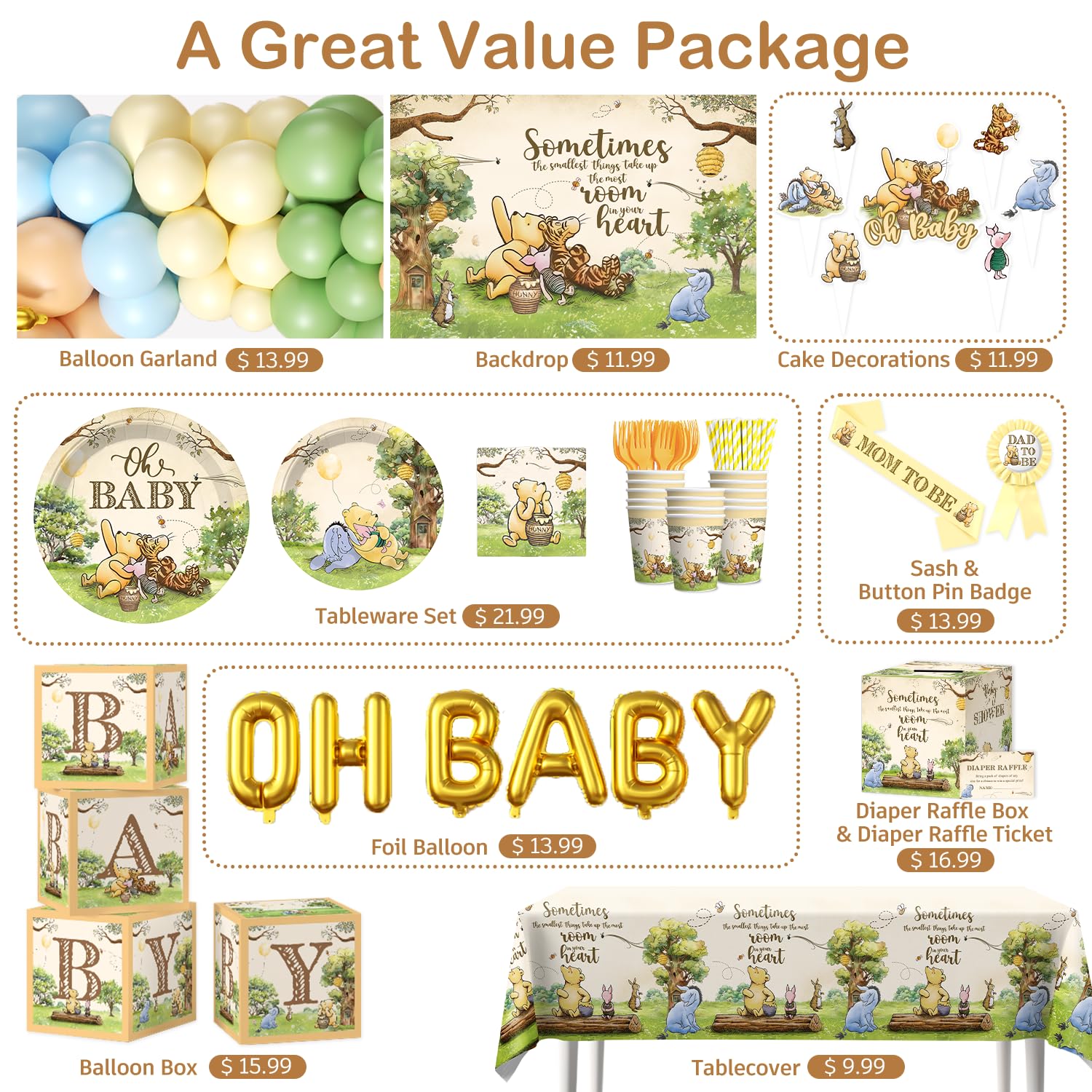Wellspar 336PCS Bear Baby Shower Decorations Neutral Party Set 25 Guests