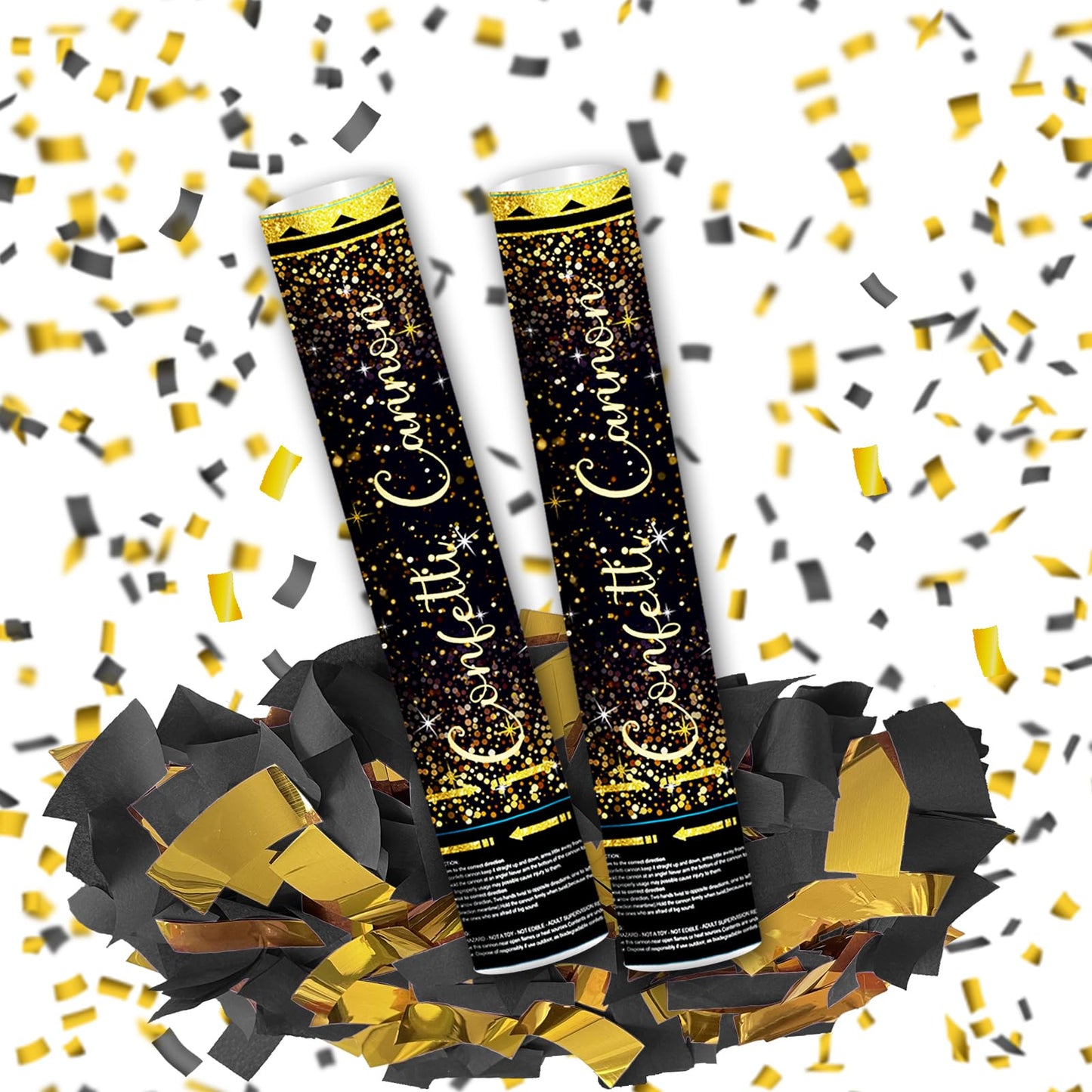 Klyroish 12" Black and Gold Confetti Cannon Party Poppers - 2 Pack