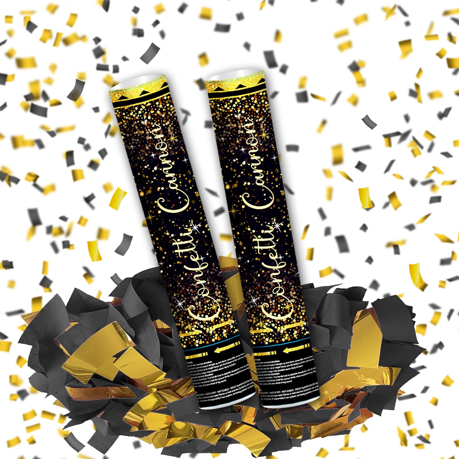 Klyroish 12" Black and Gold Confetti Cannon Party Poppers - 2 Pack