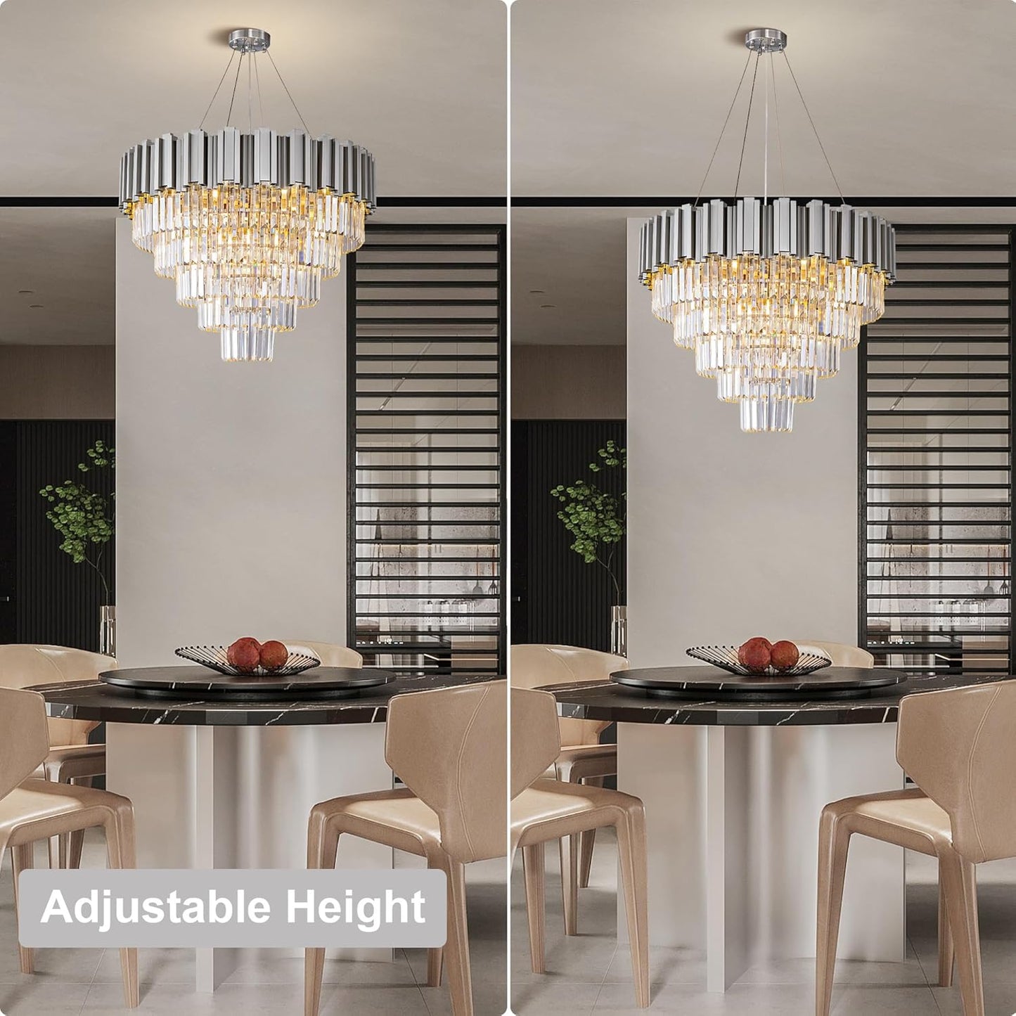 Modern Crystal Chandelier, 27.5" Silver Chandelier for Dining Room, 9-Light Luxury Round Chandeliers, 5-Tier Contemporary Light Fixture for Living Room, Bedroom, Foyer, Entryway
