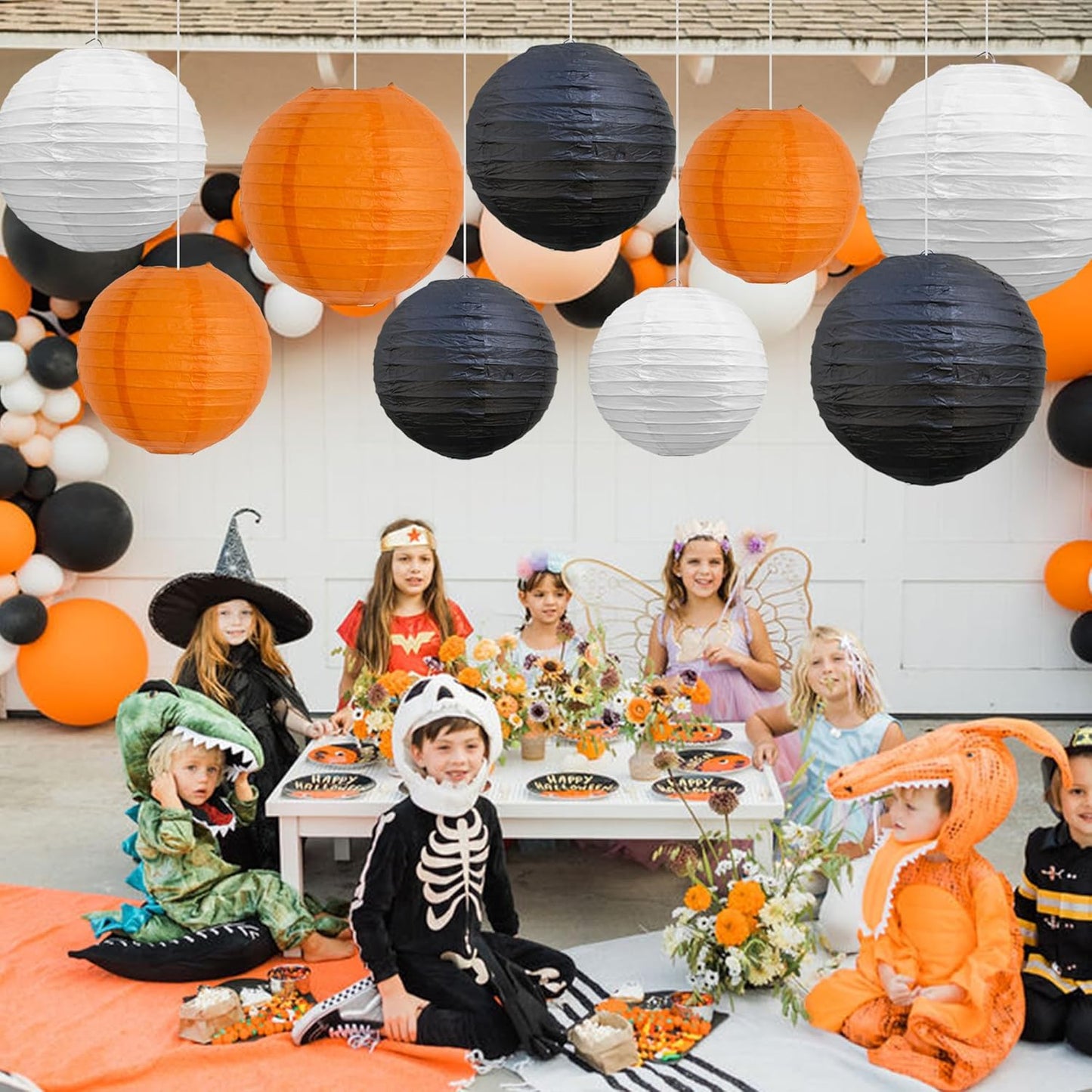 BEISHIDA 12Pcs Orange Black White Paper Lanterns Decorative Chinese/Japanese Hanging Round Paper Lanterns Lamp for Halloween，Birthday, Wedding, Christmas, Bridal,Home Decor, Party Decoration