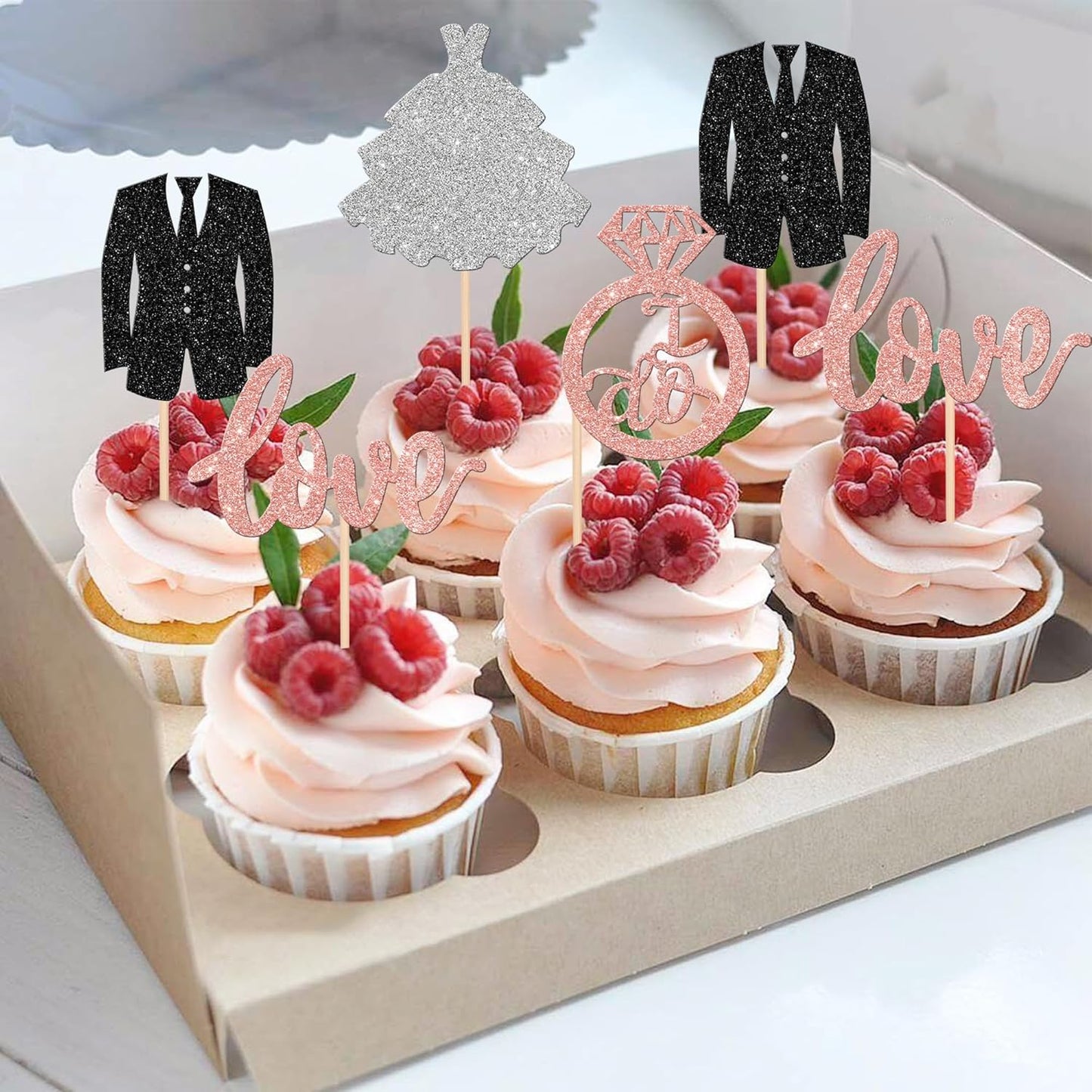 24 PCS Groom and Bride Cupcake Toppers Glitter Ring Love I Do Cupcake Picks Marriage Bridal Shower Cake Decorations for Wedding Engagement Bridal Shower Theme Party Supplies Rose Gold