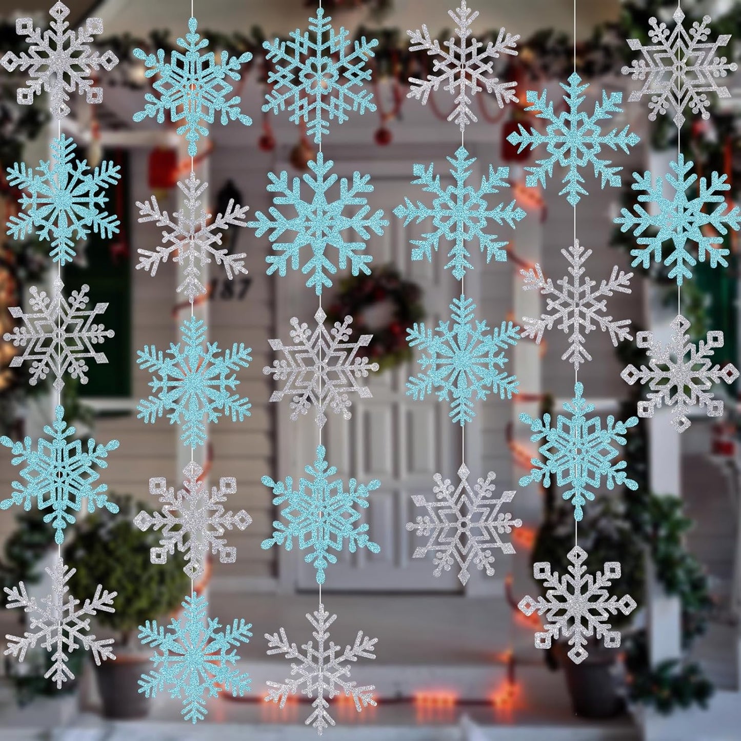 Winter Snowflake Cutouts - Glitter Paper Snowflake Decorations - 50Pcs Blue & Silver Double-Side Christmas Cutouts for Holiday Winter Wonderland Bulletin Board, Frozen Party Decor