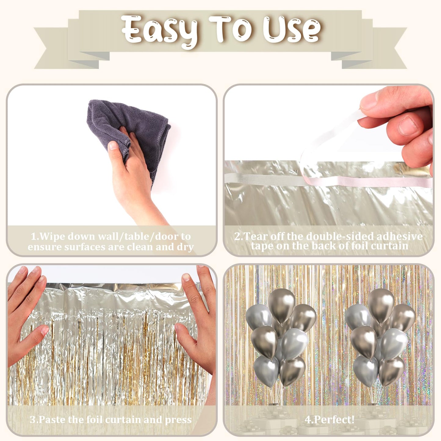 Voircoloria Champagne Foil Fringe Backdrop Curtains, 3.3x6.6ft, 3pcs