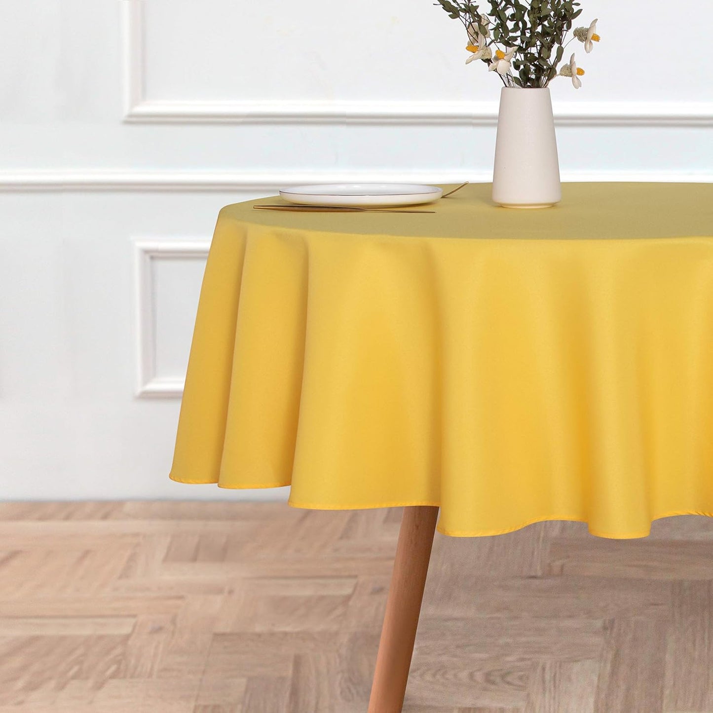 sancua Round Tablecloth - 70 Inch - Water Resistant Spill Proof Washable Polyester Table Cloth Decorative Fabric Table Cover for Dining Tables, Buffet Parties and Camping, Yellow