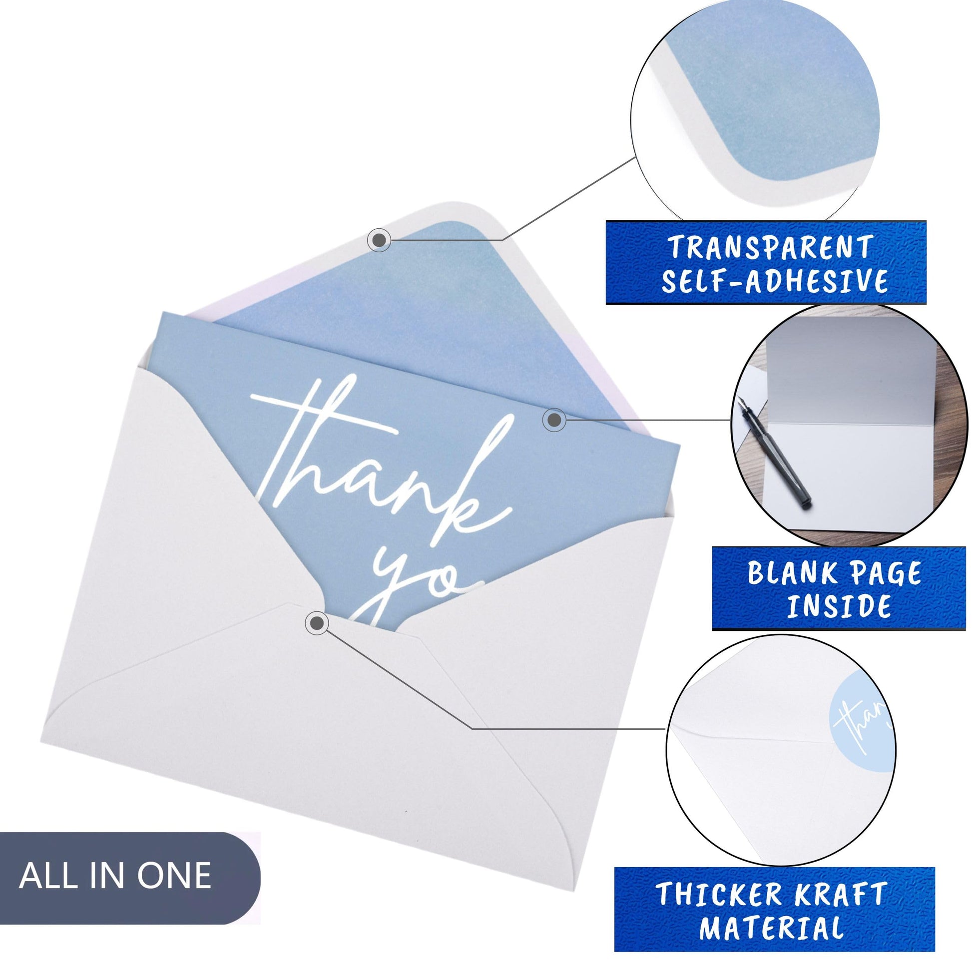 100 Bulk Light blue Thank You Cards with white Envelopes and stickers - 4 Minimalistic Designs