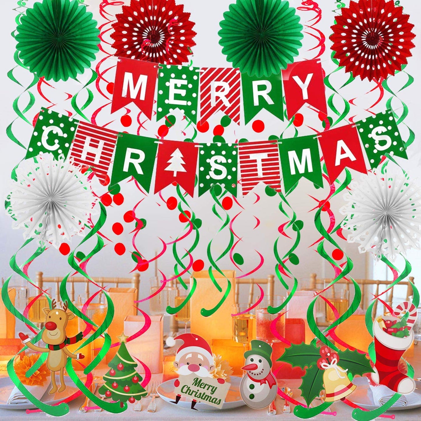 FECEDY Merry Christmas Banner Paper Fan Flower Circle Confetti Dots Hanging Garlandand Swirl