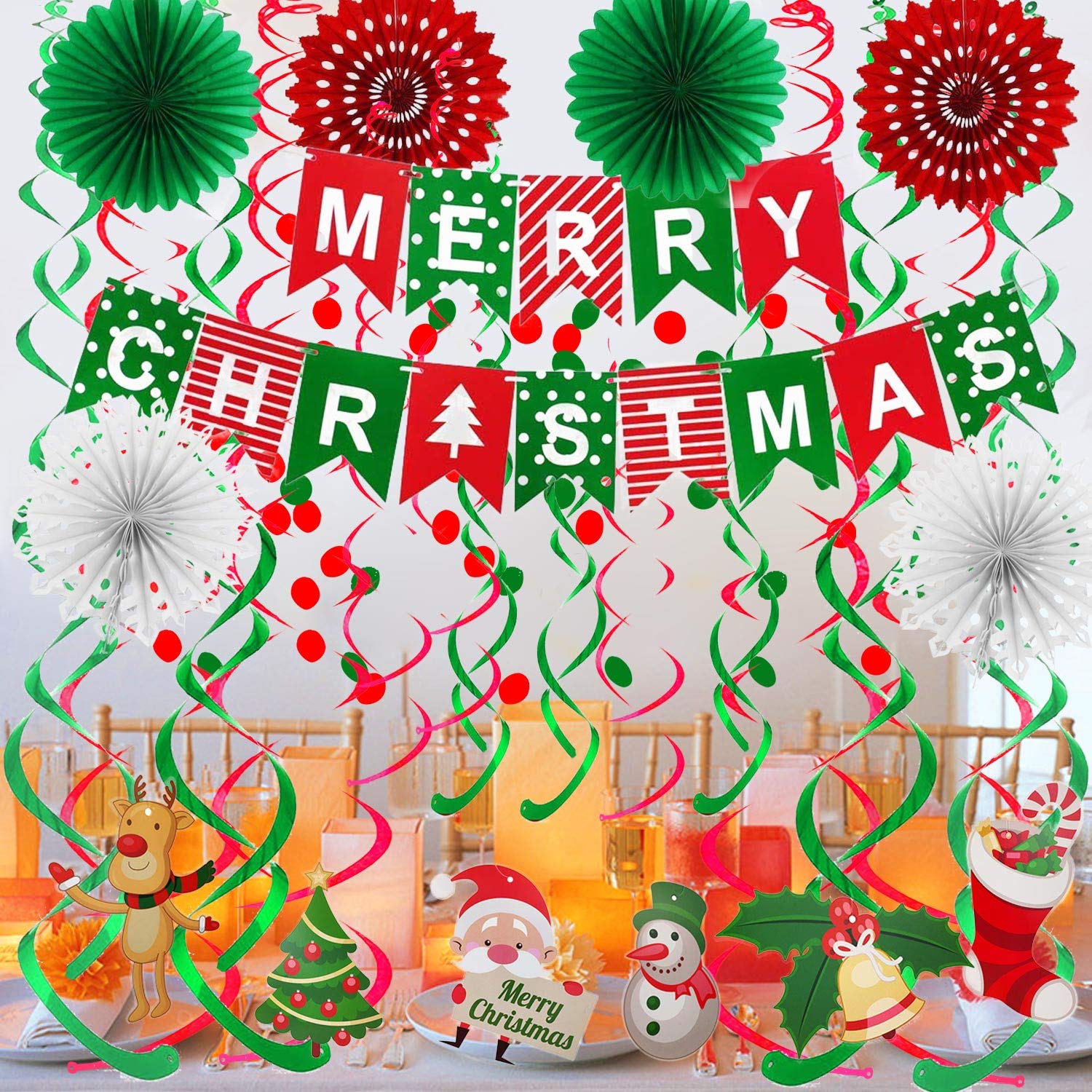 FECEDY Merry Christmas Banner Paper Fan Flower Circle Confetti Dots Hanging Garlandand Swirl