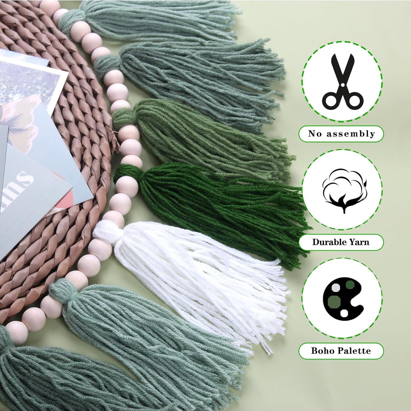 Green Boho Yarn Tassel Garland Sage Green Garland Wall Hanging Decor Forest Woodland Tassel Banner with Beads for Nursery Classroom Office Birthday Party Kids Room Baby Shower Decoration