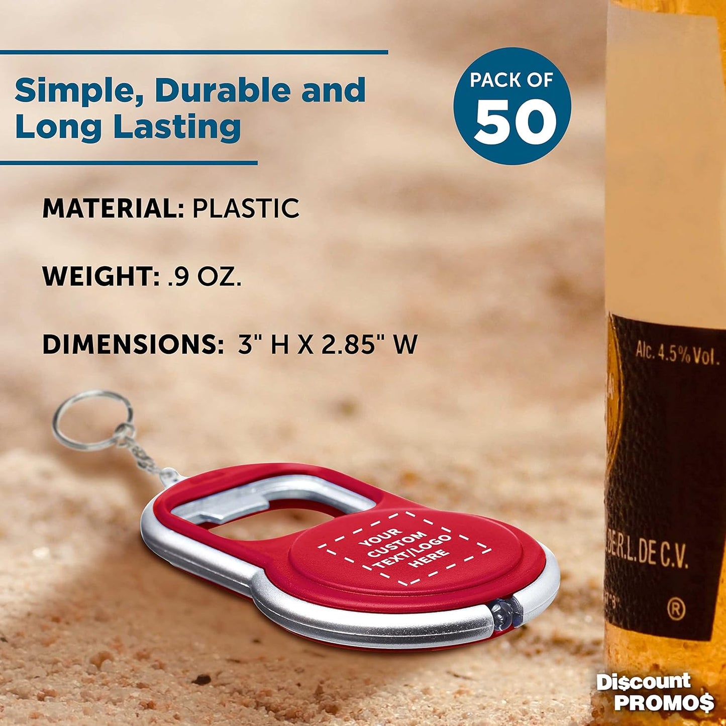 DISCOUNT PROMOS Custom Bottle Opener & LED Keychains Set of 50, Personalized Bulk Pack - Perfect for Tradeshows, Party Favors, Other Events - Red