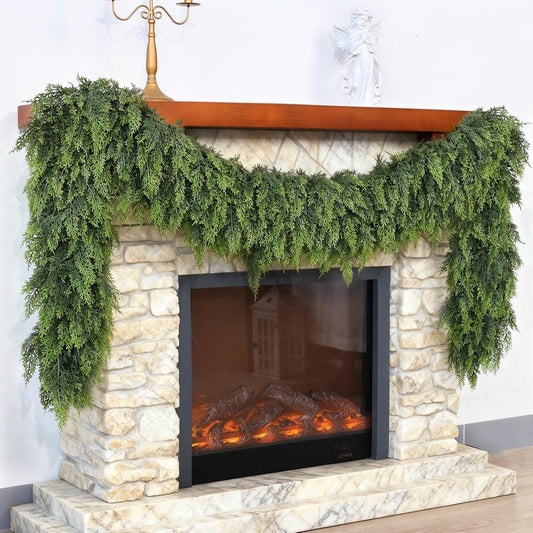 Christmas Cedar Garland - 6ft Artificial Cedar Garland Faux Lush Green Fake Pine Needles for Fireplace,Table,Window,Stairs,Mante,Holiday Indoor Outdoor Xmas Decor(2PCS)