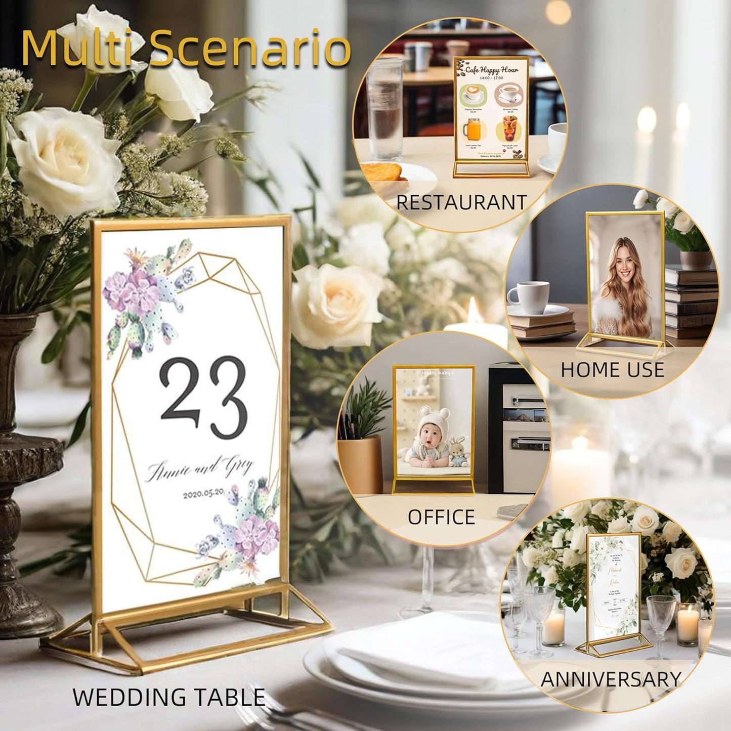6 Pack Acrylic Sign Holder 4x6 Inches, Double-sided Picture Frames for Wedding Table Numbers Holders, Clear Menu Stand Table Top Display Sign Stand Flyer Holder Vertical Paper Holder,Gold Frames
