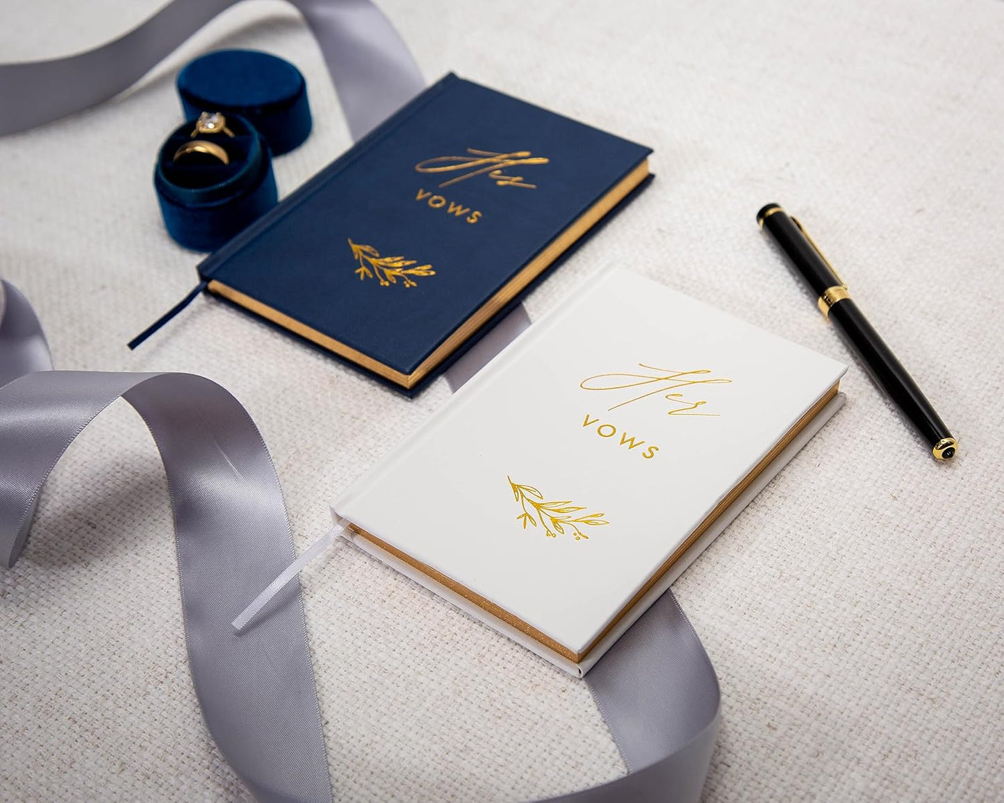 MUUJEE Hard Cover Vow Books (Set of 2) - Foil Embossed Wedding Ceremony Vow Renewal Speech Books, Couple Gifts for Engagement (His Her (Navy & White))