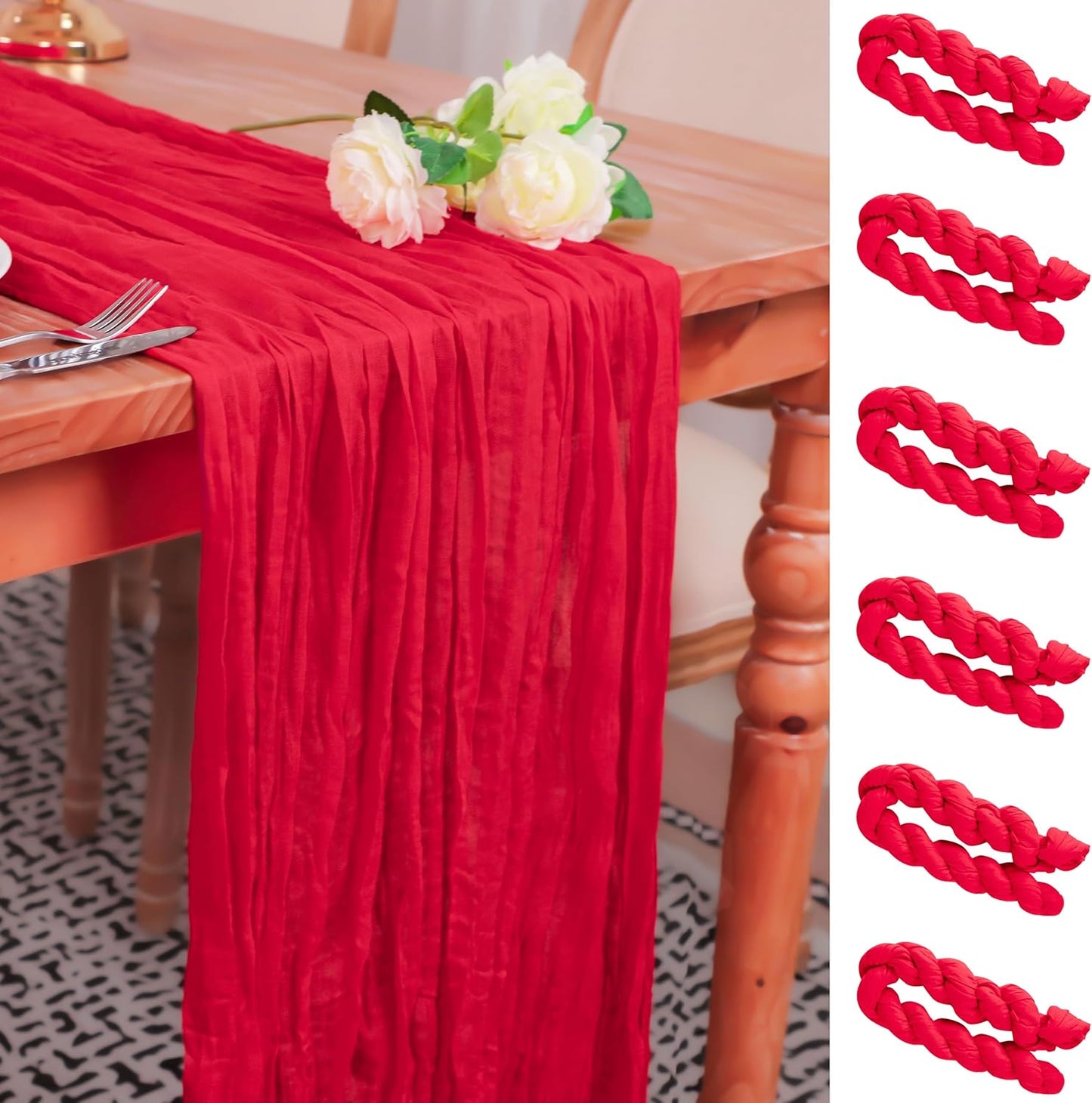 Snowkingdom 6 PCS Red Cheesecloth Table Runner 10 Ft, 120 inch Long Cheese Cloth Gauze Runners for Christmas Valentine Wedding Bridal Baby Shower Birthday Holiday Party Table Decorations