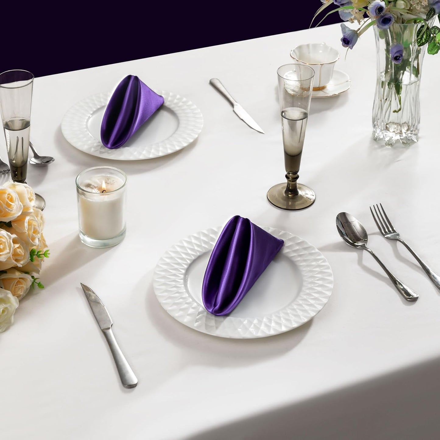 36 Pack Square Satin Dinner Napkins, 16x16 Inches Silky Soft Smooth Table Cloth Napkins for Restaurant Weddings Banquet Party Decoration, Purple