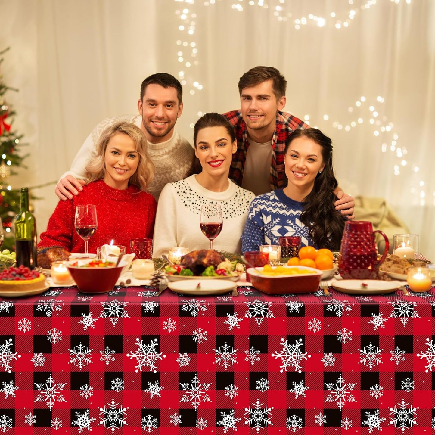 3 Pieces Red and Black Buffalo Plaid Merry Christmas Party Tablecloth Decorations,Plastic White Snowflake Buffalo Plaid Sign Table Cover for Winter Christmas Holiday Party Supplies,54x108 inch