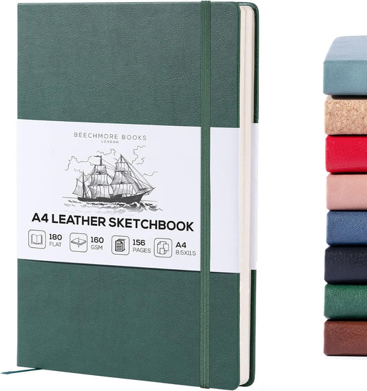 Beechmore Books A4 Sketchbook ??8.5x11 Premium Vegan Leather Bound Large Sketch Book Hardcover with 156 Thick 160gsm Perforated Ivory Pages, Blank Sketch Pad, Gift Boxed, Back Pocket, Ribbon Bookmark
