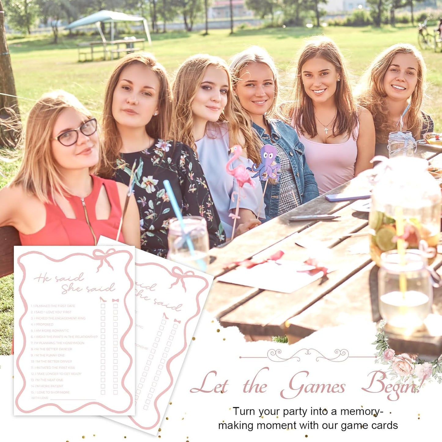 DEEKA 30 PCS Bridal Shower Games Card for 30 Guests White Pink Wavy Border Ribbon Bow Funny Wedding Bachelorette Party Games for Reception (He Said She Said)